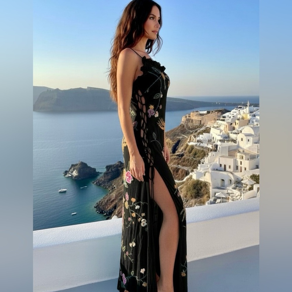 Attitudes by‎ Debra Floral hand beaded and hand Embroidered Black Maxi Dress